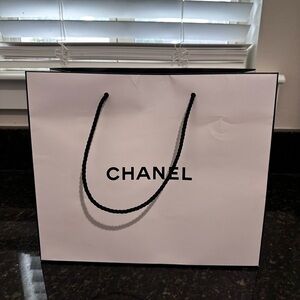 CHANEL White and Black Logo Shopping Bag